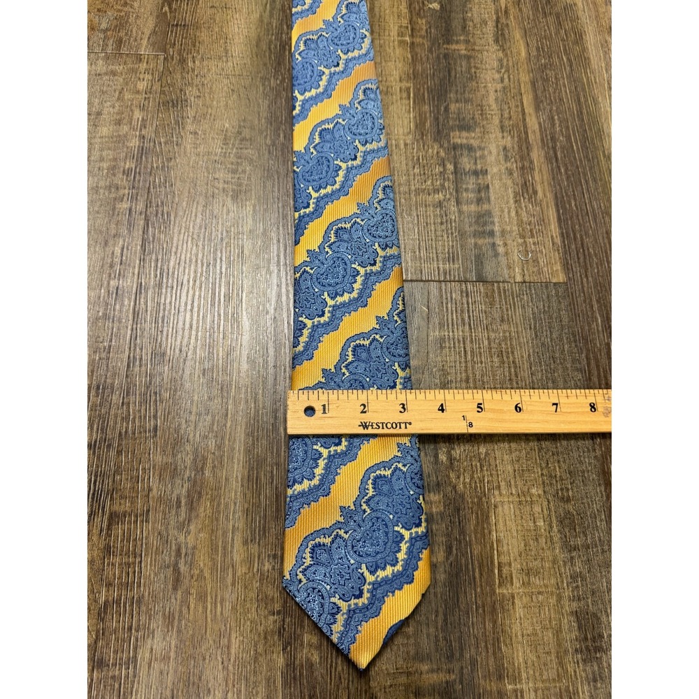 Stacy Adams Signature Gold Mens Paisley Necktie Yellow Blue Microfiber Hand Made - Picture 5 of 14